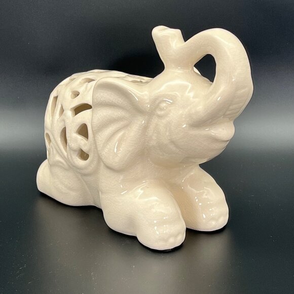 Ceramic Elephant Figurine Carved Crackle Pattern Trunk Up 9" x 7" - Picture 2 of 14